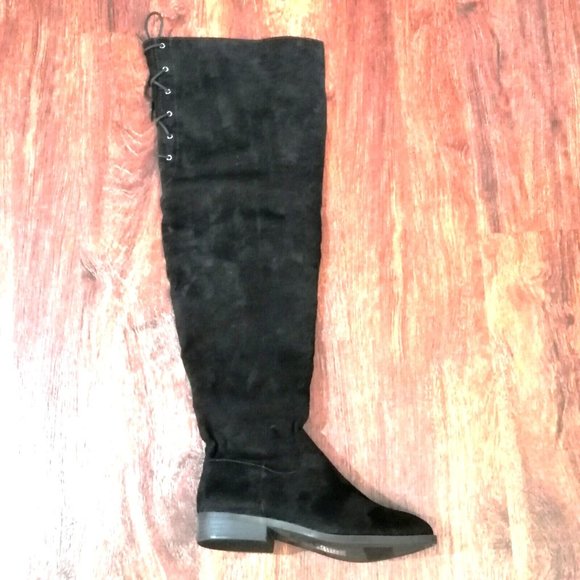 Express Womens Boots Black Over the‎ Knee Side Zip Back Lace Up Block Heel 6 - Picture 1 of 11